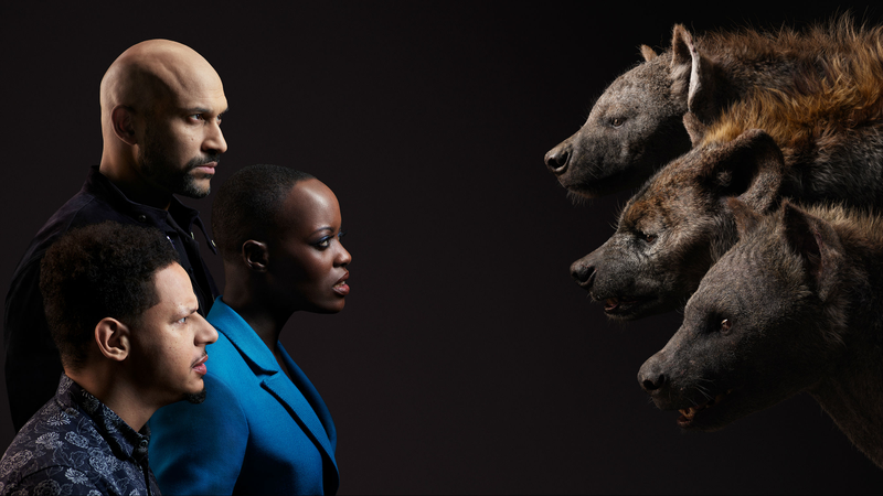 Keegan-Michael Key, Florence Kasumba, and Eric Andre as the hyenas Kamari, Shenzi, and Azizi